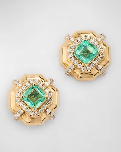 Goshwara G-classics' 4mm Asscher Cut Emerald Earrings With Diamonds In 18k Yellow Gold