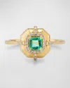 GOSHWARA G-CLASSICS' 4MM ASSCHER CUT EMERALD RING WITH DIAMONDS IN 18K YELLOW GOLD