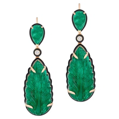 Pre-owned Goshwara Leaf Shaped Emerald Carved Earrings In Green