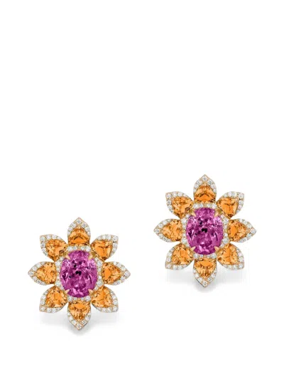 Goshwara Mandarin-garnet, Diamond And Rubellite Flower Earrings In Gold