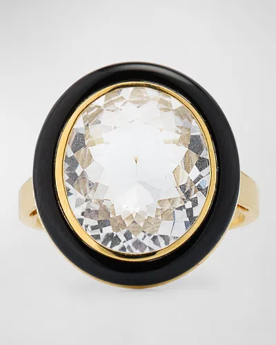 Goshwara Melange 13.6x11.5mm Rock Crystal And Onyx Oval Ring In 18k Yellow Gold In Black