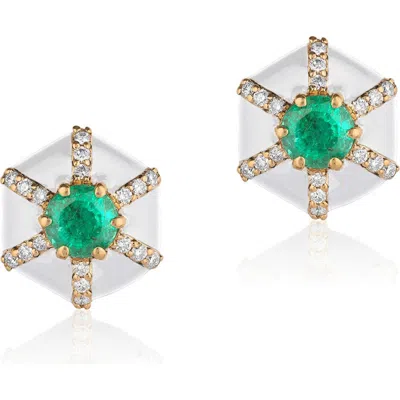 Goshwara Queen Hexagon Emerald & Diamond Stud Earrings In Multi