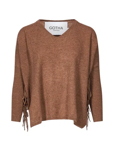 Gotha Fringed V-neck Sweater In Brown