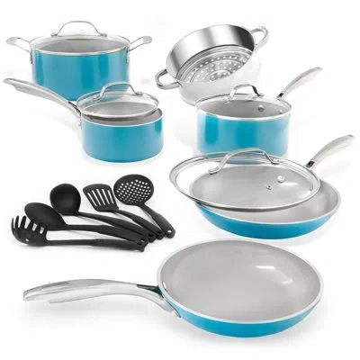 Gotham Steel Aqua Blue 15 Piece Nonstick Cookware Set With Utensils