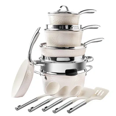 Gotham Steel Cream Hammered 15 Piece Nonstick Cookware Set With Cooking Utensils
