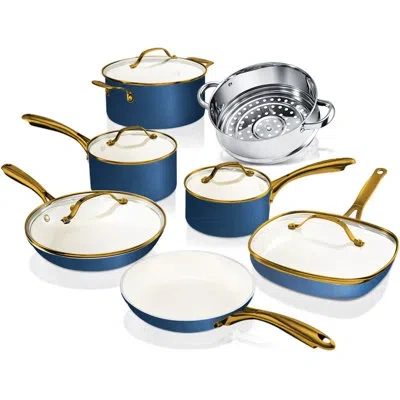 Gotham Steel Cream/navy 12 Pc Nonstick Cookware Set In Gold;silver;navy