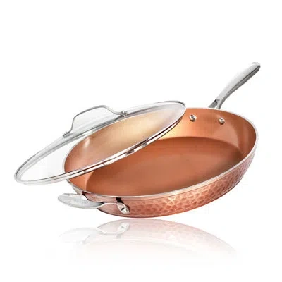 Gotham Steel Hammered Copper 14" Nonstick Family Fry Pan With Helper Handle And Glass Lid, Oven & Dishwasher Safe