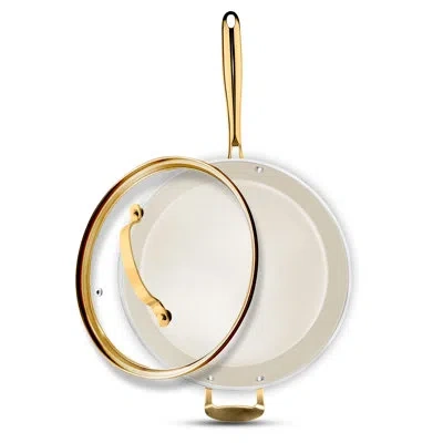 Gotham Steel Naturals Cream 14'' Ultra Nonstick Ceramic Family Pan With Lid And Gold Handles