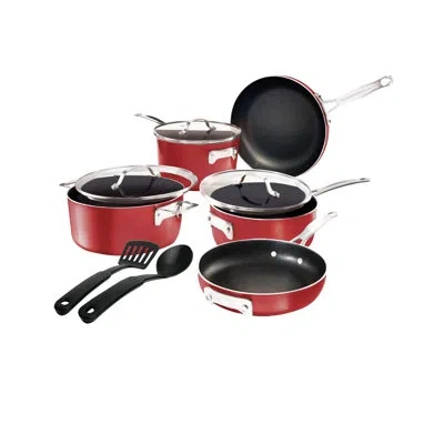 Gotham Steel Stackable Space Saving 10 Piece Aluminum Nonstick Cookware Set With Utensils In Red