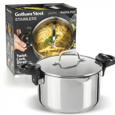 Gotham Steel Stainless Steel 5 Quart Pasta Pot With Built In Strainer And Locking Handles In Silver