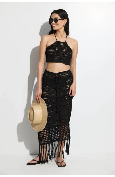 Gottex Beach Life Crochet Fringe Skirt And Crop Top Set In Black