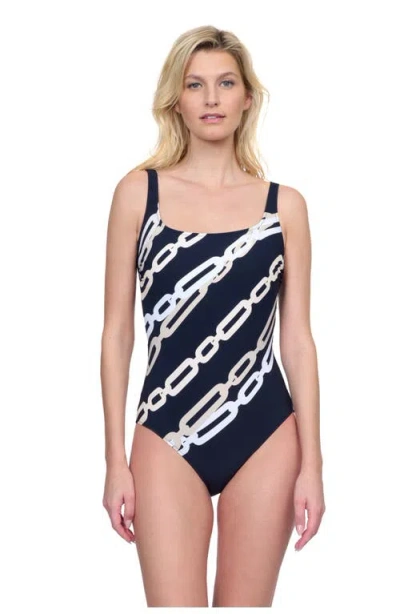 Gottex Bejeweled Square Neck One Piece In Black White Cream