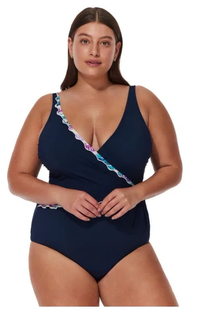 Gottex Canva Plus Size Tricolore V Neck Surplice One Piece In Blue