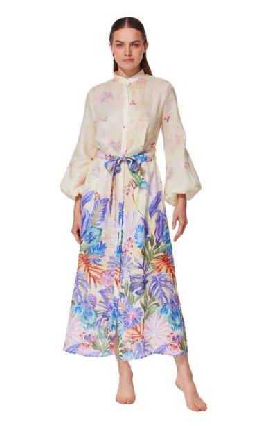 Gottex Cherry Blossom Belted Button Up Linen Dress Cover-up In Multi