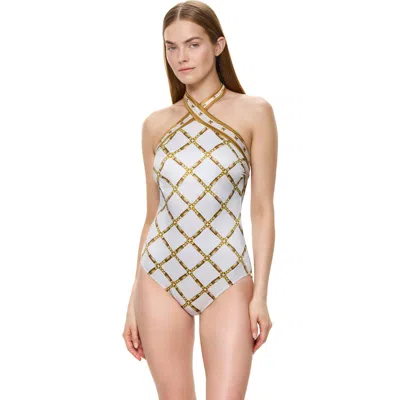 Gottex Deco Riviera High Neck Halter One Piece Swimsuit In White