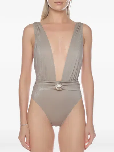 Gottex Deep Plunge Shell-embellished Swimsuit In Gray