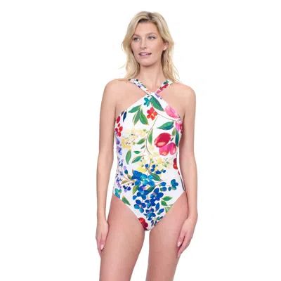 Gottex Garden Dream High Neck Twist Halter One-piece Swimsuit In White