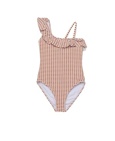 Gottex Girls' Forever Gingham Textured Ruffle Asymmetrical One Piece - Little Kid, Big Kid In Brown