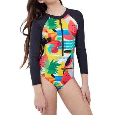Gottex Kids' Girls Zip Up Rash Guard One Piece Swimsuit In Tropical In Multi