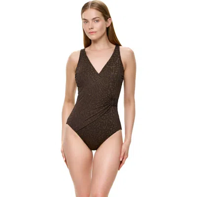 Gottex Golden Charm Textured Surplice One Piece Swimsuit In Brown-gold