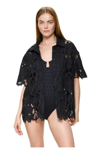Gottex Guipure Lace Short Sleeve Button Down Shirt Cover-up In Black