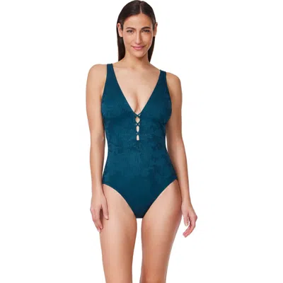Gottex Jolene Textured Deep V Neck One Piece In Blue