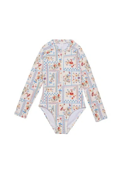 Gottex Kids Floral Soul Textured Long Sleeve Zip Front One Piece In White