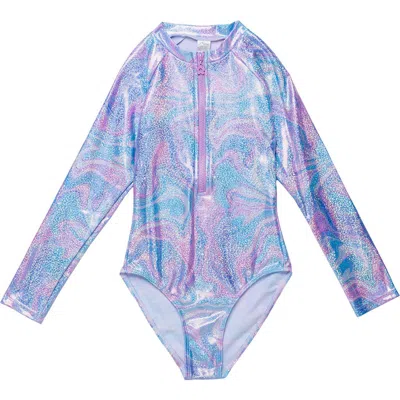 Gottex Kids Marble Sparkle Long Sleeve Zip Front One Piece In Multi