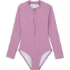 Gottex Kids Palm Party Textured Long Sleeve Zip Front One Piece In Pink