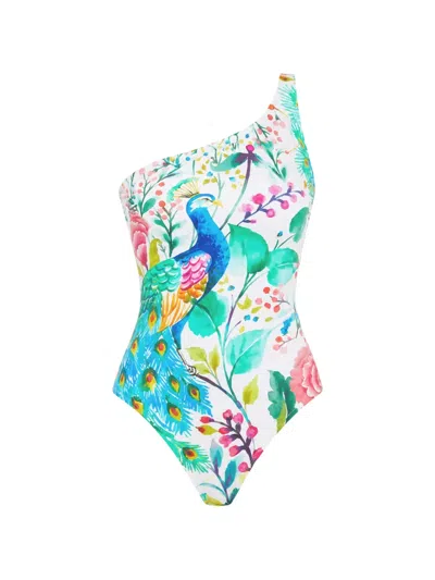 Gottex Mayurika One-shoulder Peacock-print Swimsuit In Blue
