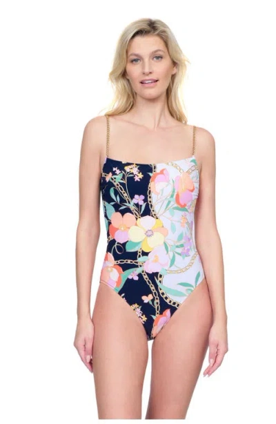 Gottex Memories Of Capri Round Neck One Piece With Gold Chain Straps In Black Multi