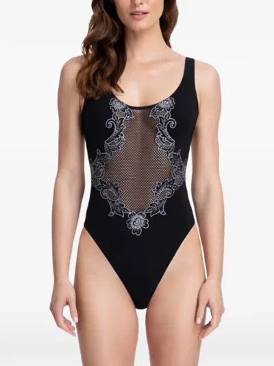 Gottex Mesh-panel Floral-embroidered Swimsuit In Black
