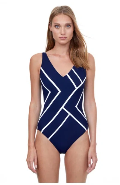 Gottex Mirage V-neck One Piece Swimsuit In Navy White