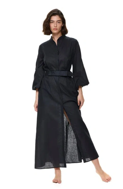 Gottex Modern Muse Belted Button Up Linen Dress Cover-up In Black
