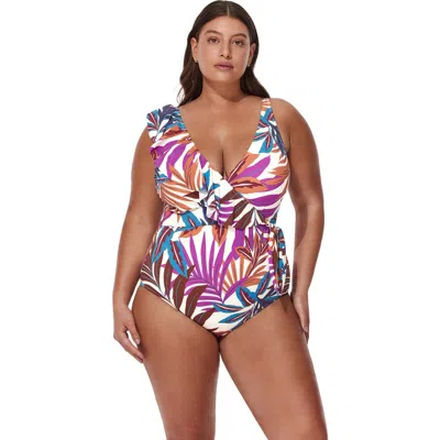 Gottex Plantopia Plus Size V-neck Surplice Ruffle One Piece In Multi