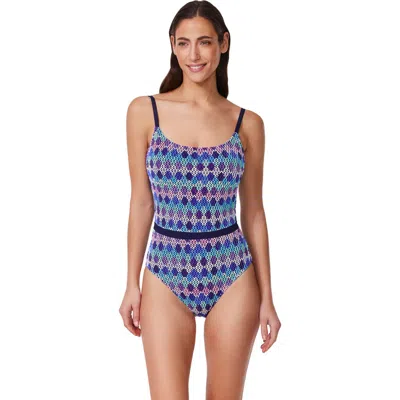Gottex Retro Riviera Scoop Neck Netted Crochet One Piece In Blue