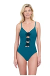 Gottex Rose Bud Black V-neck Cut Out One Piece Swimsuit In Teal
