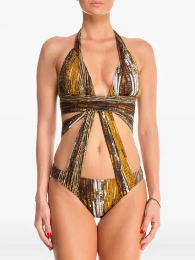 Gottex Sequin-print Cut-out Swimsuit In Brown