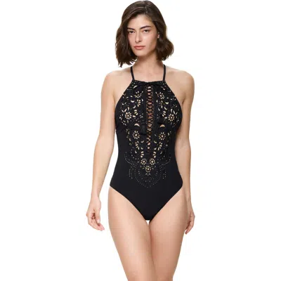 Gottex Versailles High Neck Deep Plunge One Piece Swimsuit In Black