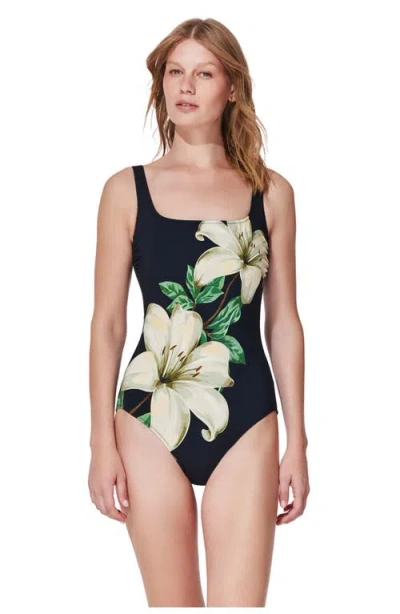 Gottex Yuri Flower Square Neck One Piece Swimsuit In Black