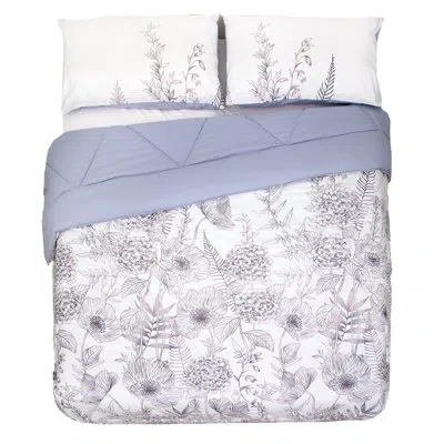 Gouchee Home Botanica Reversible Floral Soft Microfiber Comforter Set With Pillow Shams, Queen In White;gray;purple