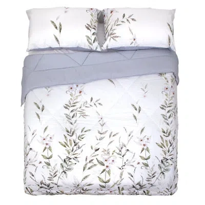 Gouchee Home Brindille Reversible Floral Soft Microfiber Comforter Set With Pillow Shams, Queen In White;green