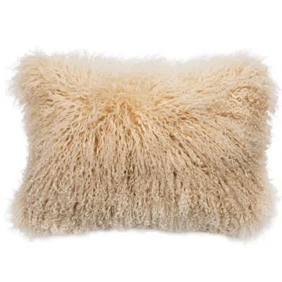 Gouchee Home Curla Ivory Authentic Mongolian Wool Curly Fur Throw Pillow With Insert In Cream
