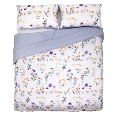 Gouchee Home Meadow Reversible Floral Soft Microfiber Comforter Set With Pillow Sham, Twin In Blue;white;gray;yellow;purple