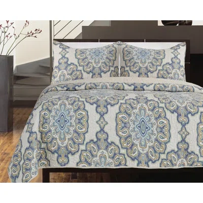 Gouchee Home Rome 100% Cotton 3 Piece Reversible Quilt Set In Beige,blue