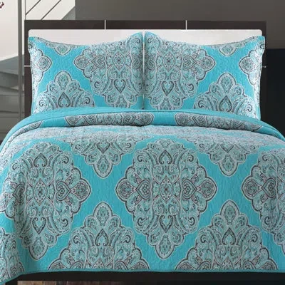 Gouchee Home Windsor Cotton 3 Piece Reversible Quilt Set In Turquoise,gray