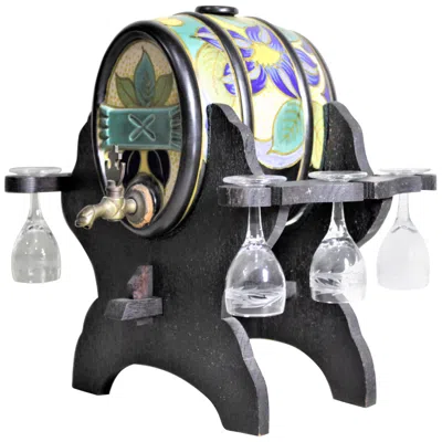 Pre-owned Gouda Plateelbakkerij Zuid-holland Mid-century Art Pottery Gouda Styled Keg & Glasses Liquor Decanter Set In Brown