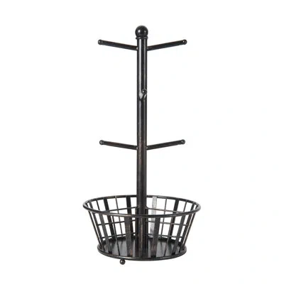 Gourmet Basics By Mikasa Band And Stripe Metal 6-cup Mug Tree With Storage Basket, Black