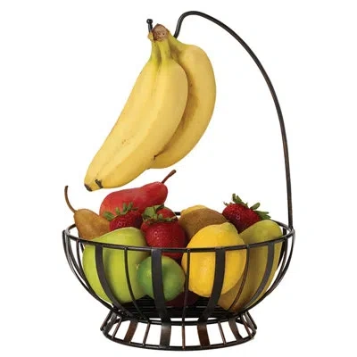 Gourmet Basics By Mikasa Band And Stripe Metal Fruit Basket With Banana Hook, Antique Black