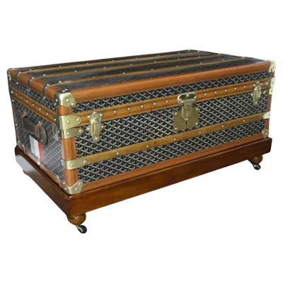 Pre-owned Goyard 1920s Steamer Trunk With Chevrons Canvas And Brass Fittings, 90 Cm In Brown
